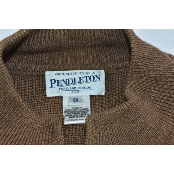 Pendleton Women 3X Brown Leather & Merino Wool Sweater Jacket Full Zip VTG Flaws - Picture 2 of 13